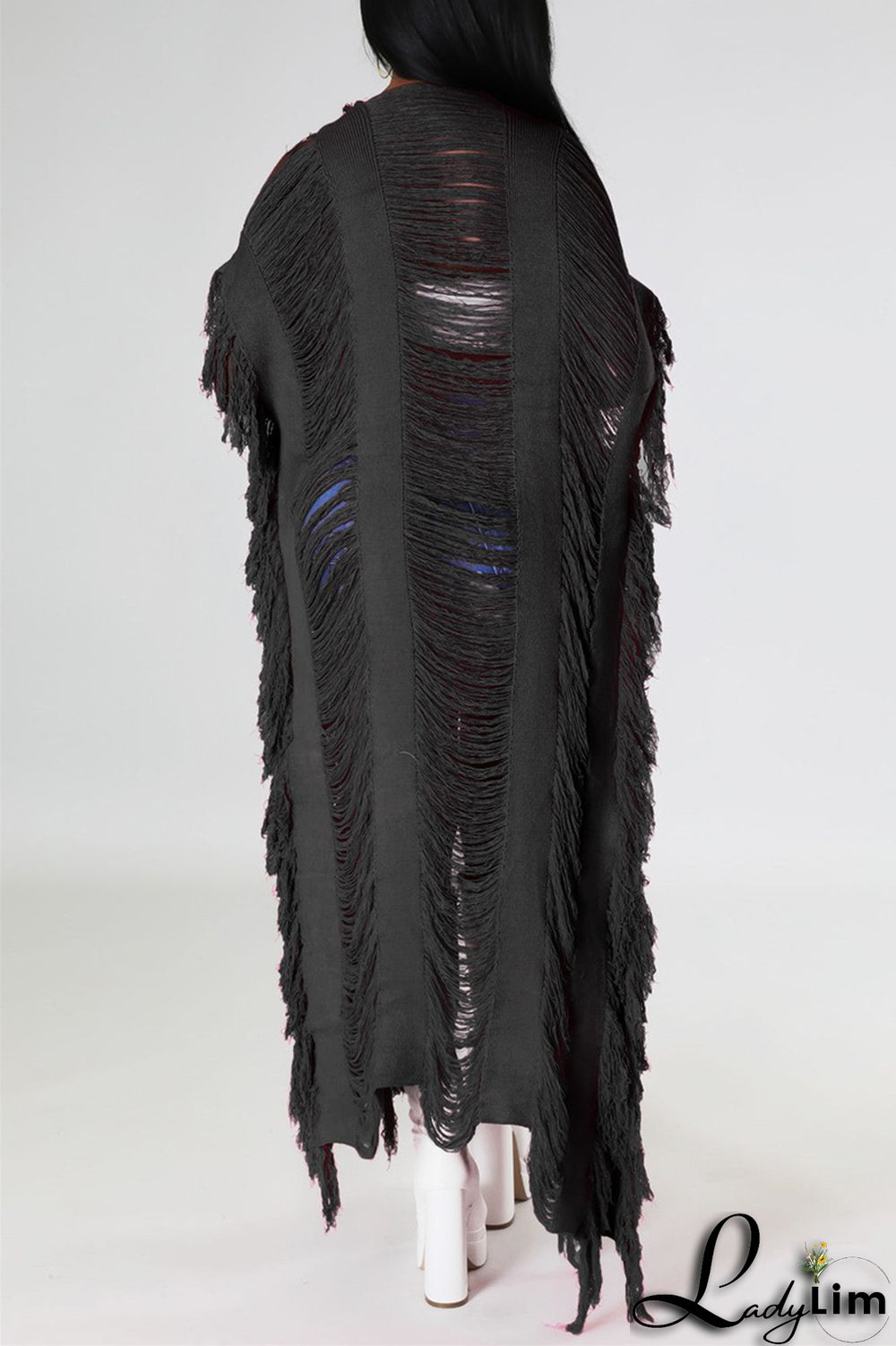 Black Fashion Casual Solid Tassel Patchwork Cardigan Outerwear