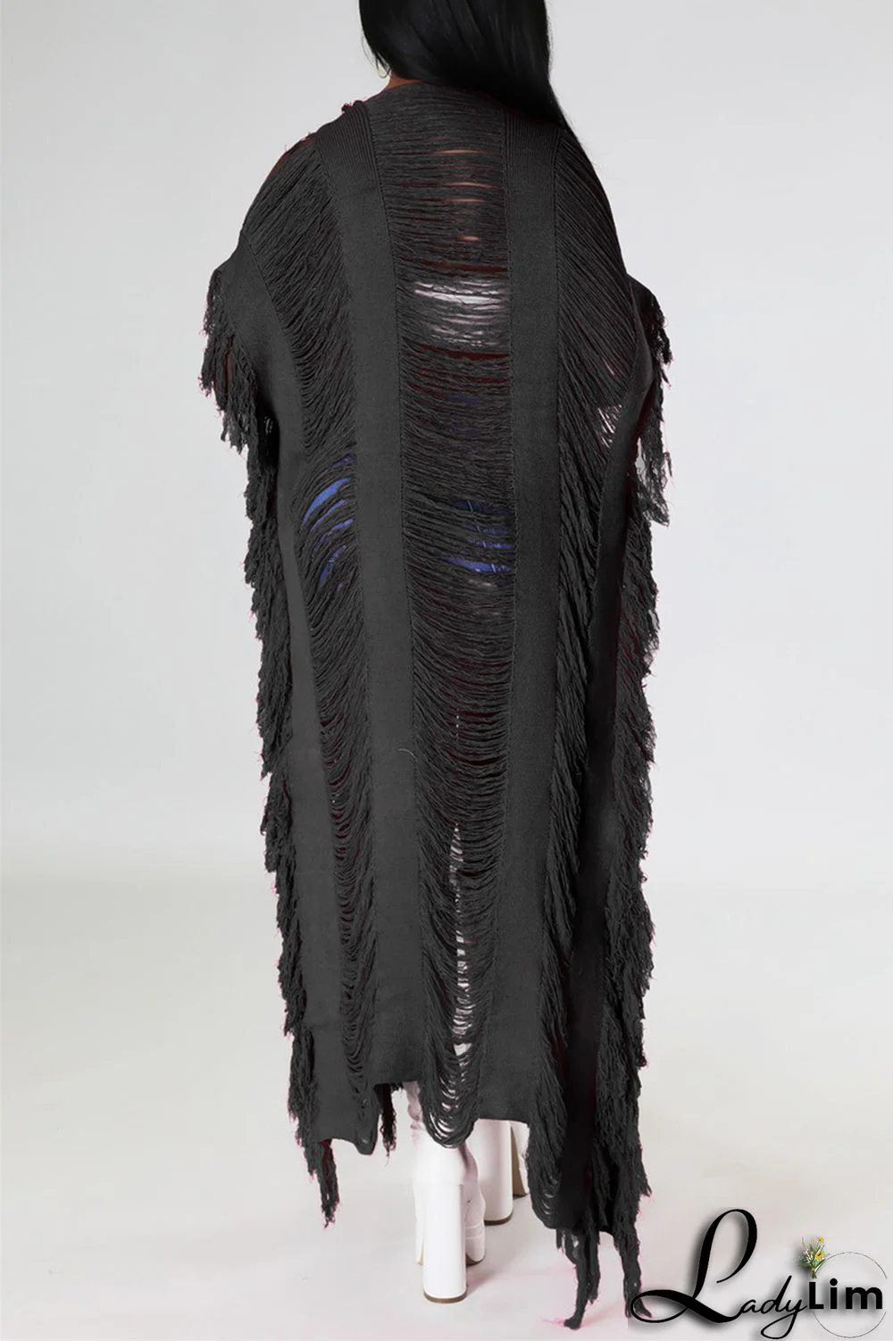 Black Fashion Casual Solid Tassel Patchwork Cardigan Outerwear