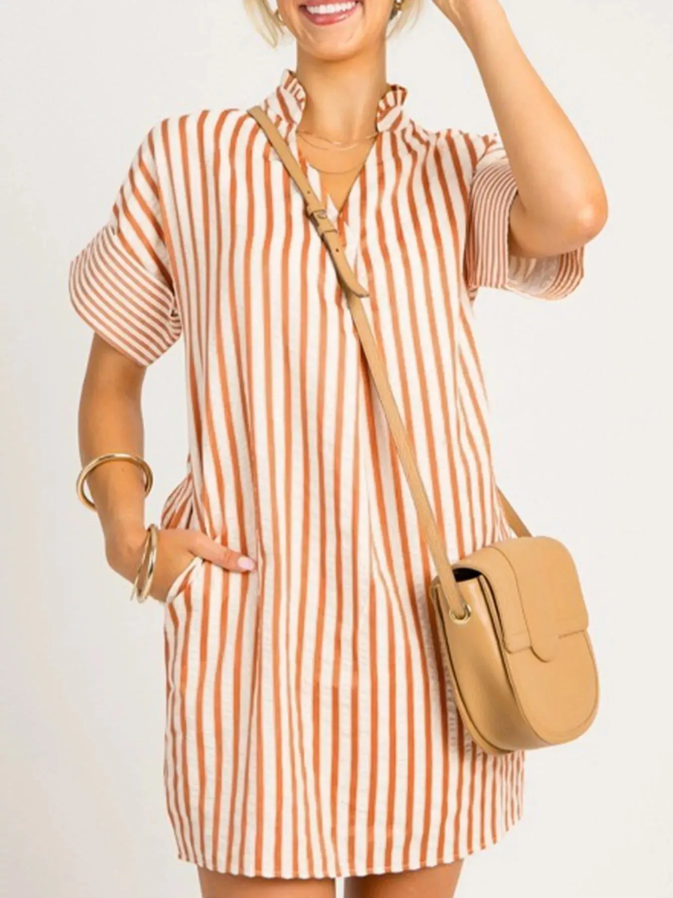Stripe Pinched V Neck Turn-up Cuffs Shift Mini Dress mysite idetrend