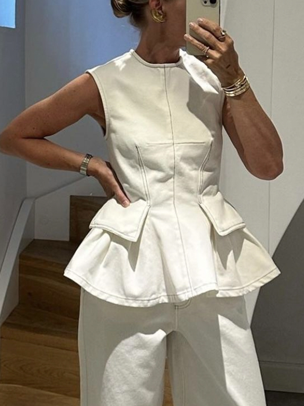 Loose Sleeveless Pleated Solid Color Round-Neck Vest Top