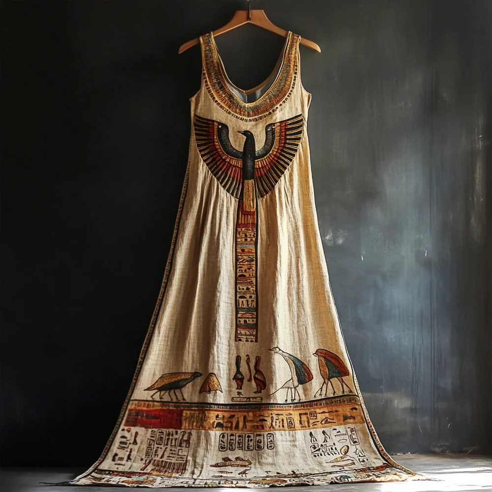 Egyptian Sun Disk Ra Print Vintage Linen Women's Vest Large Hem Dress