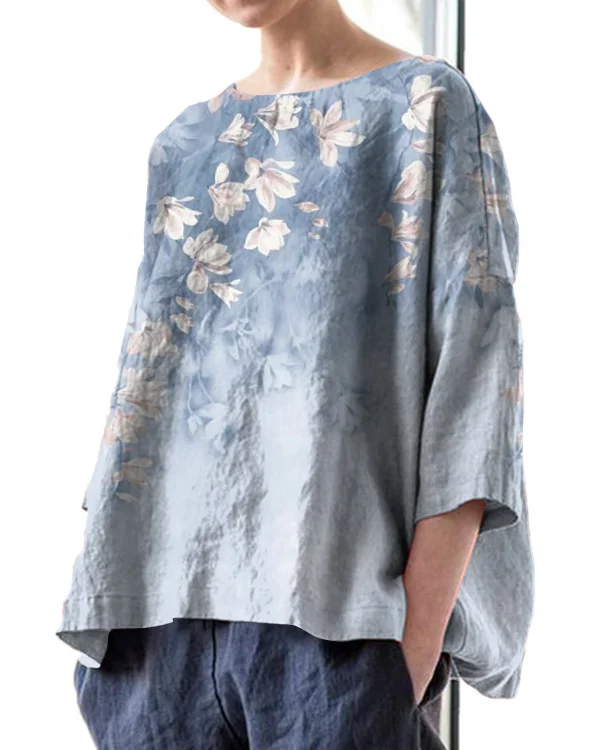 Vintage Floral Print Round Neck Linen Loose Top