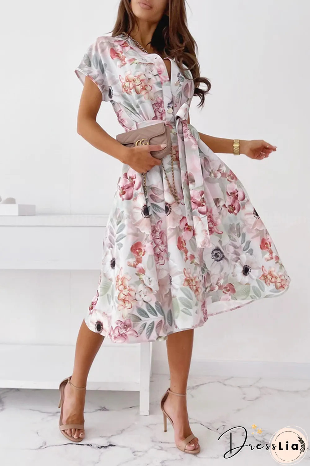 Elegant Print Buckle With Belt V Neck A Line Dresses(5 Colors)