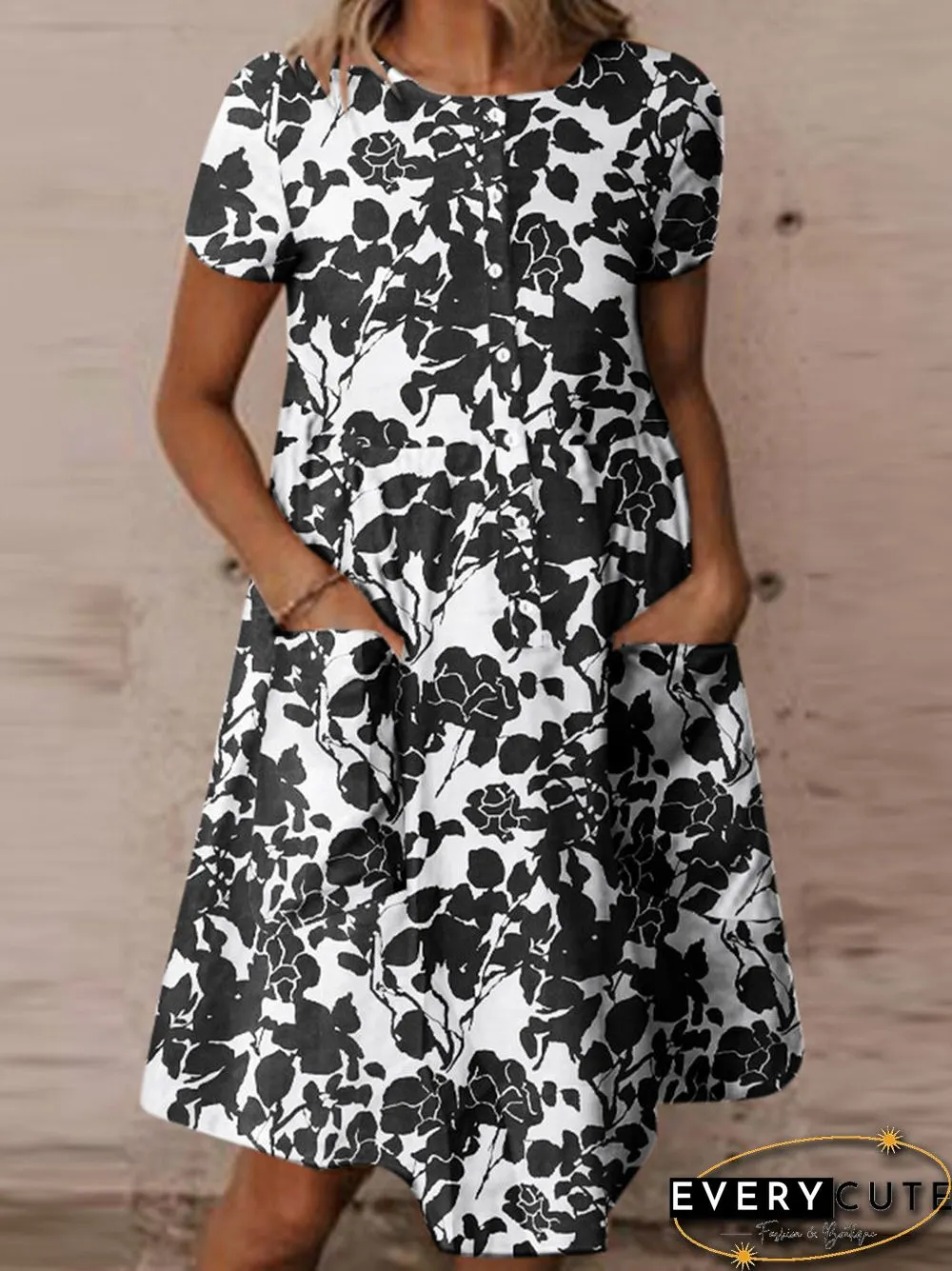 Random Allover Leaves Print Pocket Short Sleeve Button Dress