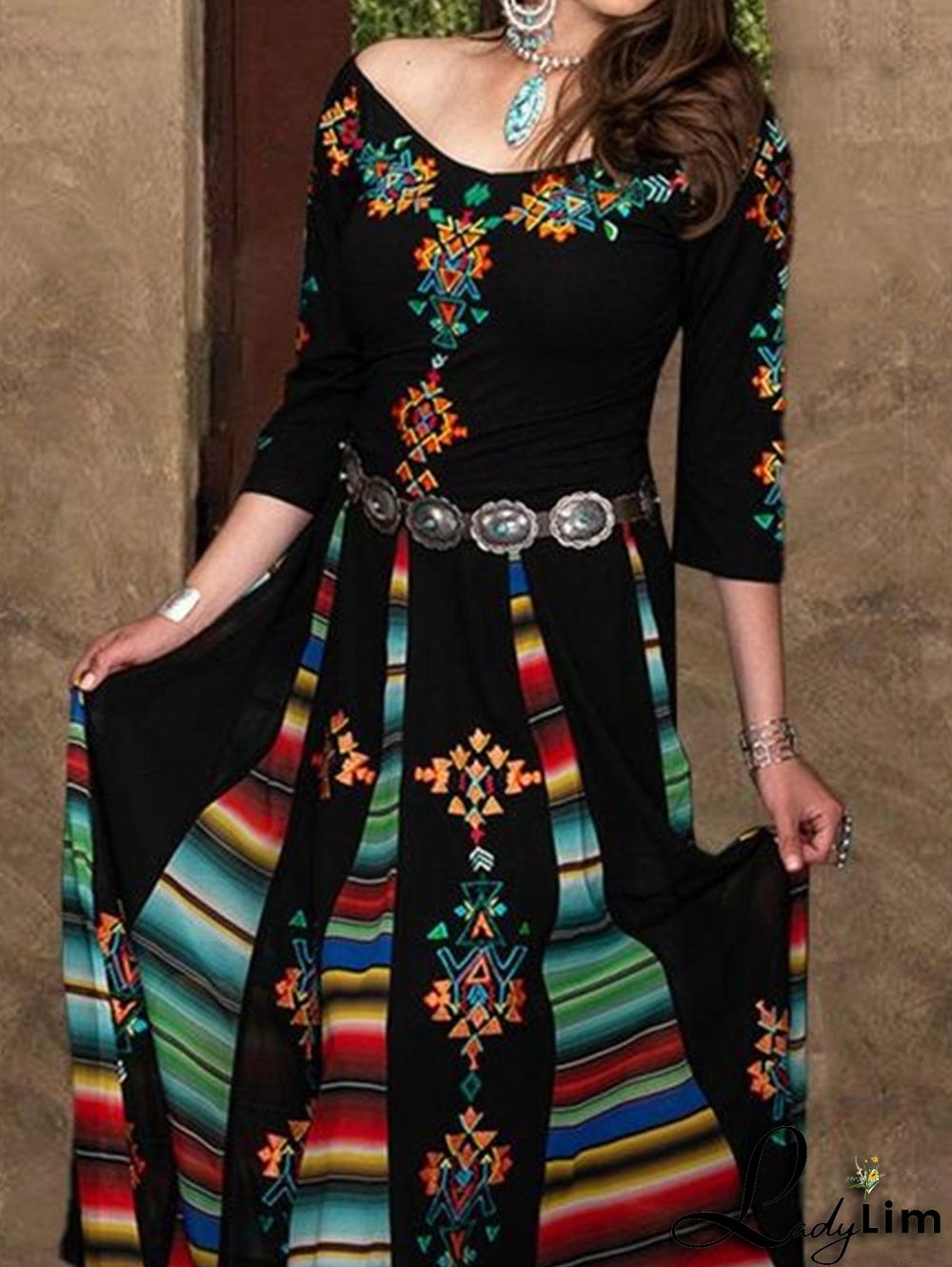 Casual Ethnic Print Off Shoulder Half Sleeve Midi Dress