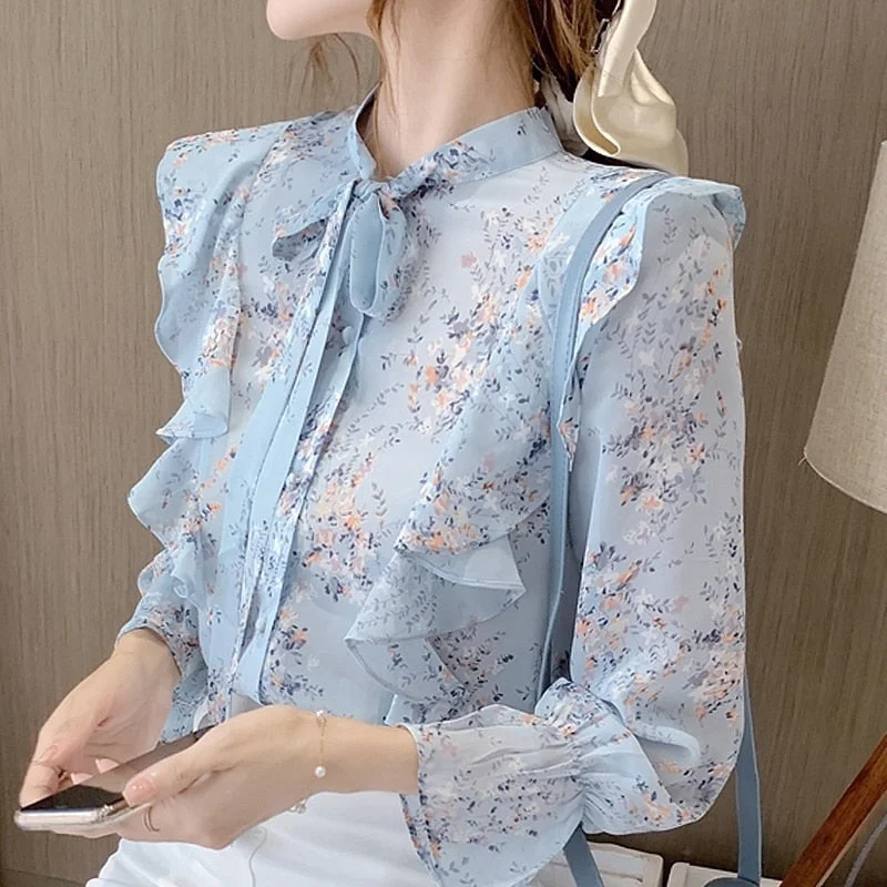 Autumn Long Sleeve Blouse Women Blusas Mujer De Moda 2021 Ruffles Blue Print Chiffon Blouse Shirt Tops Women Blouses Blusa D743