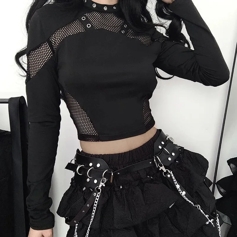 Huiketi Cyber Gothic Fishnet Patches T-shirts Punk Grunge Hollow Out Skinny Crop Tops Black Eyelet Fashion Alt Clothe