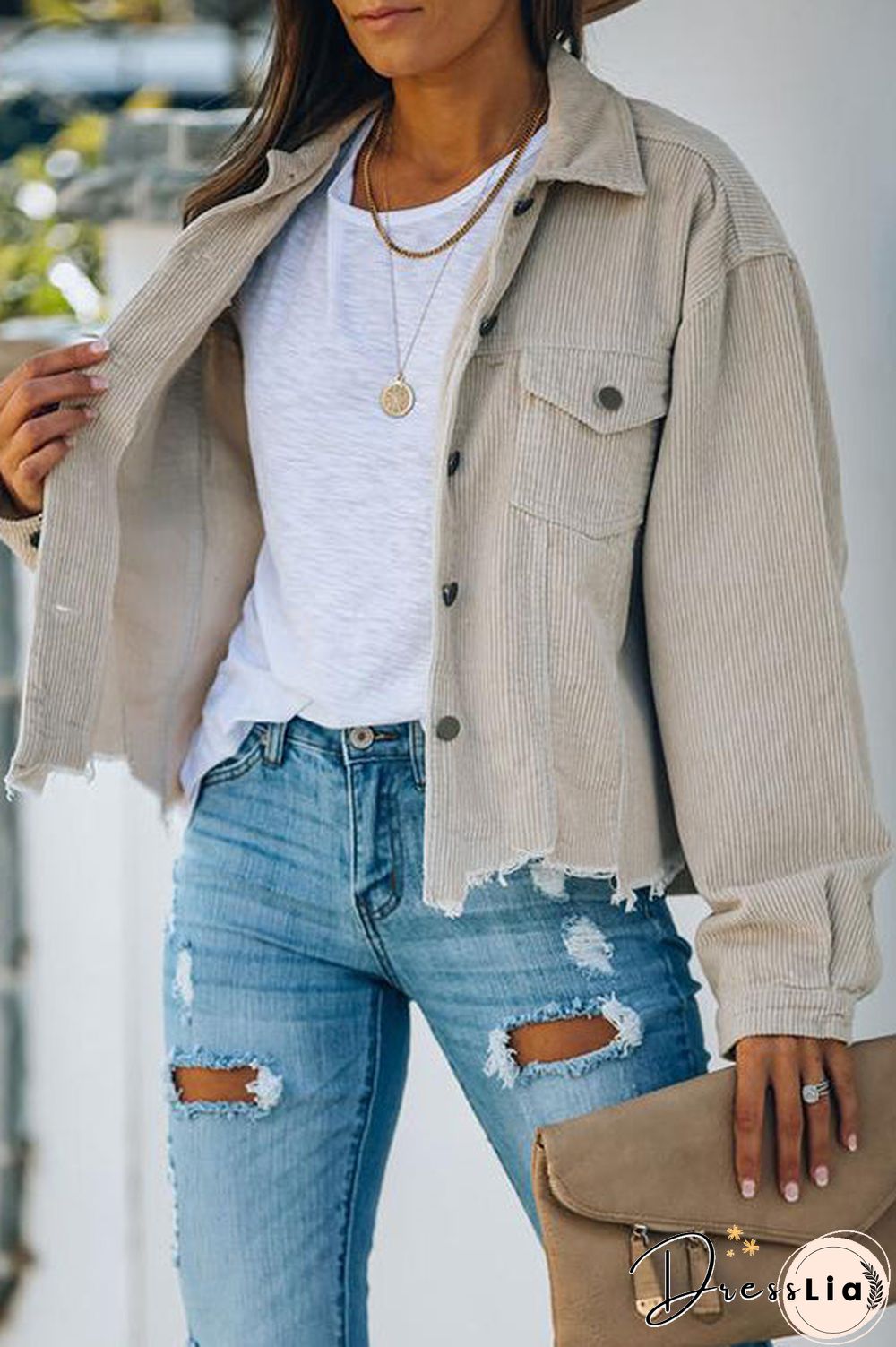 Frayed Hem Cropped Corduroy Jacket