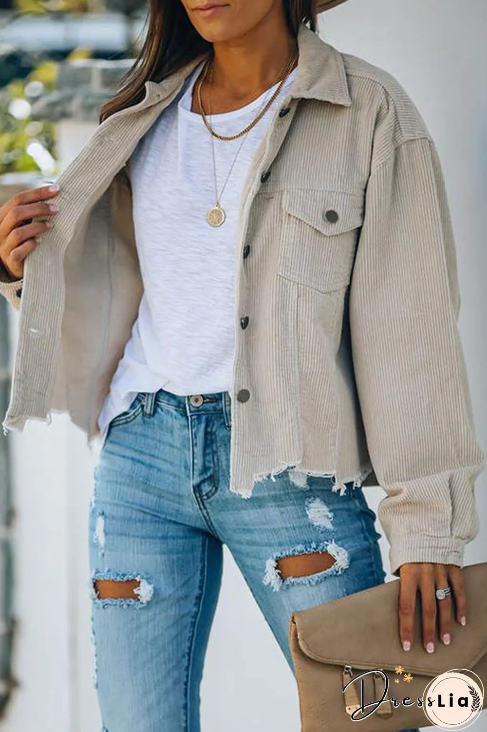 Frayed Hem Cropped Corduroy Jacket