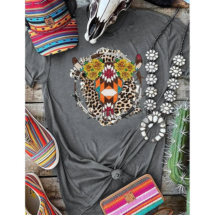 PSL - Aztec Bull Skull Western T-Shirt-05803