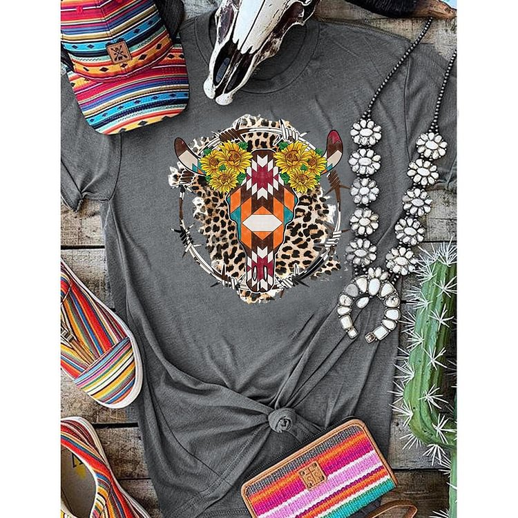 ANB - Aztec Bull Skull Western Retro Tee-05803