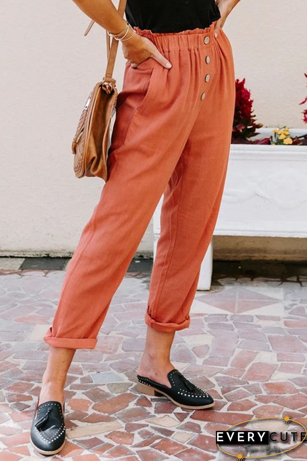 Orange Linen Blend Pocketed Pants