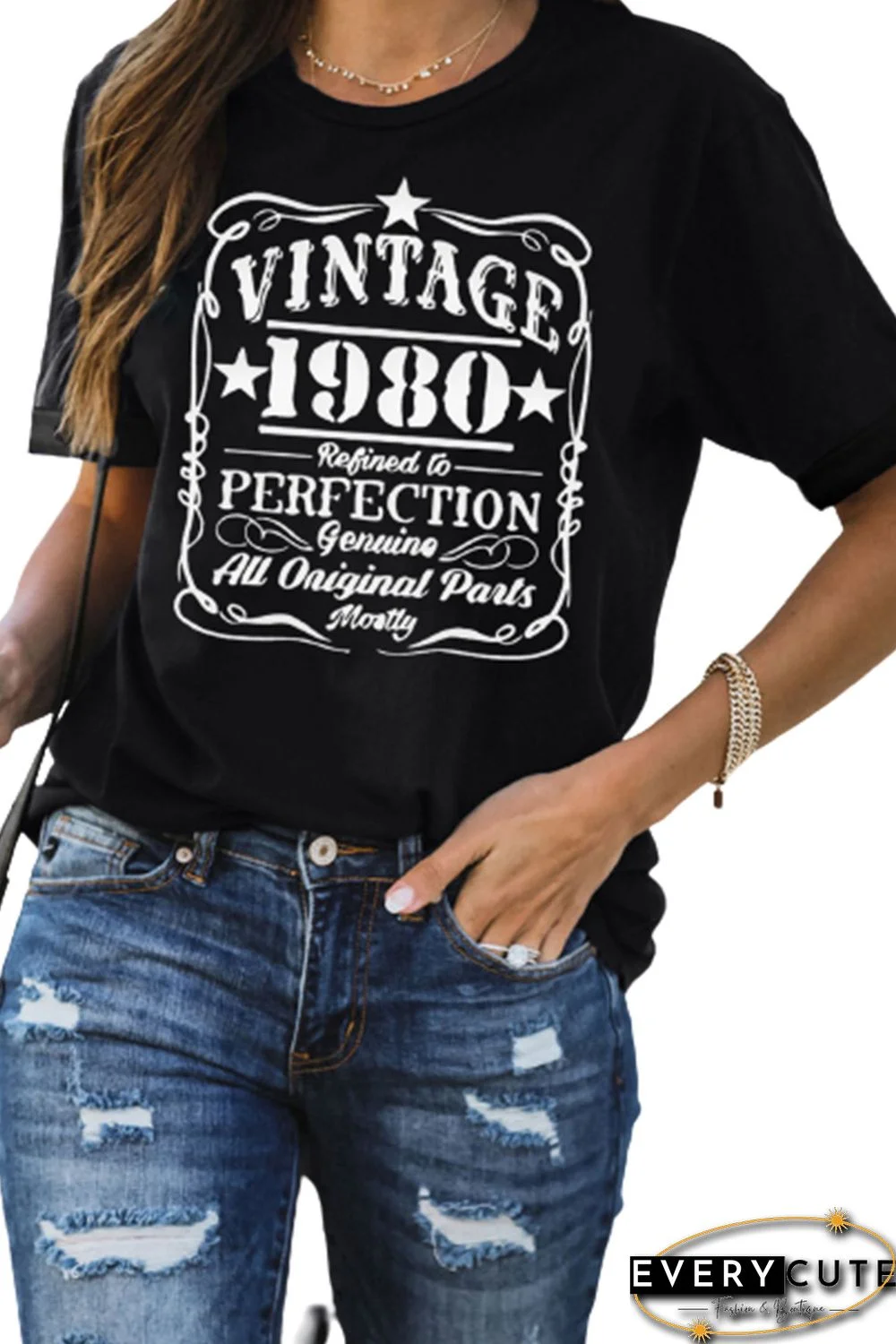 Blue Vintage 1980 Graphic Print Short Sleeve T Shirt