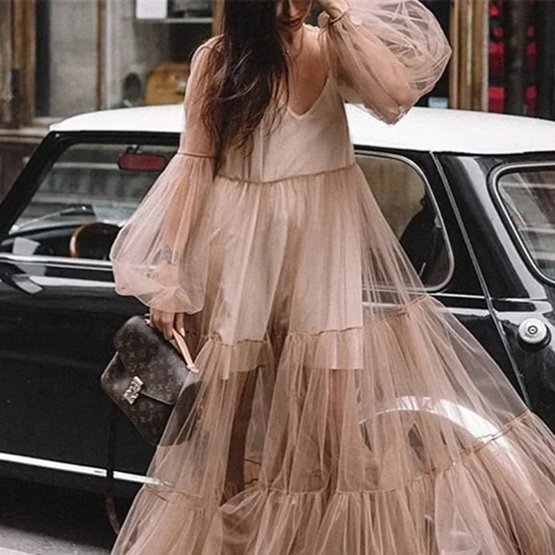 Uveng Uveng Summer New Women's V-Neck Fashion Bubble Sleeve Mesh Perspective Dress