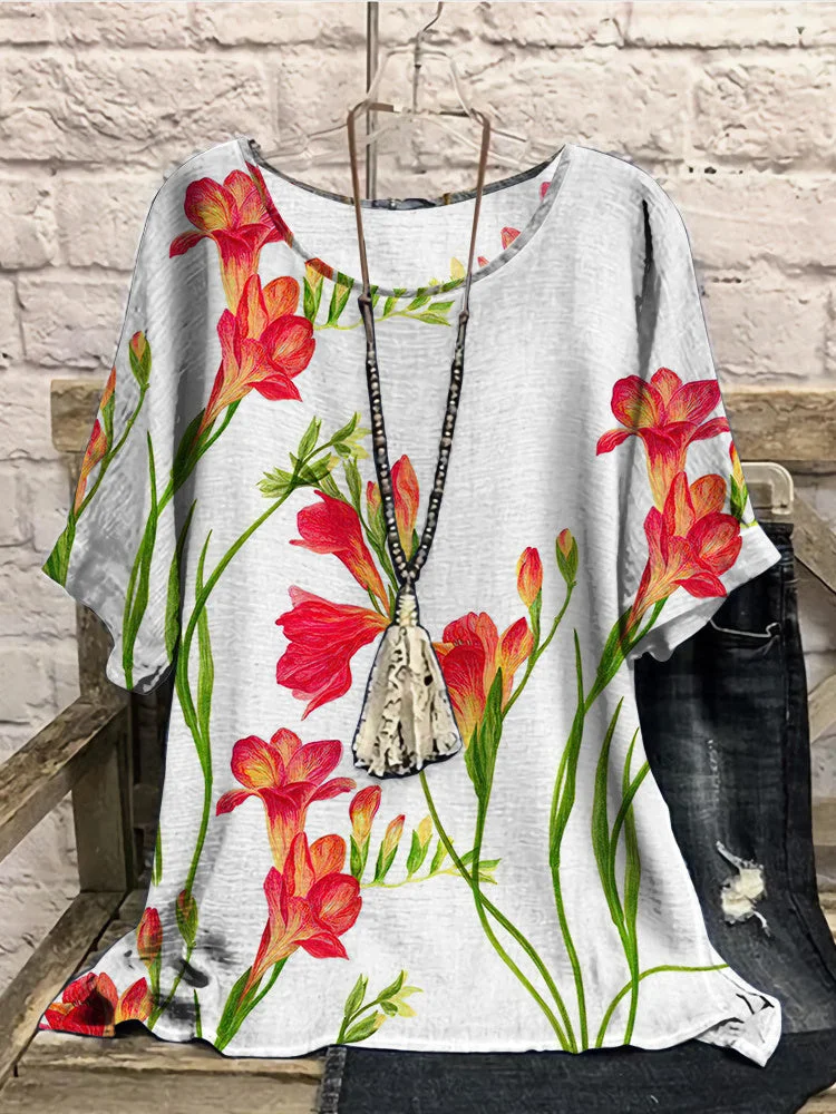 Women Half Sleeve Scoop Neck Floral Printed White Women Tops