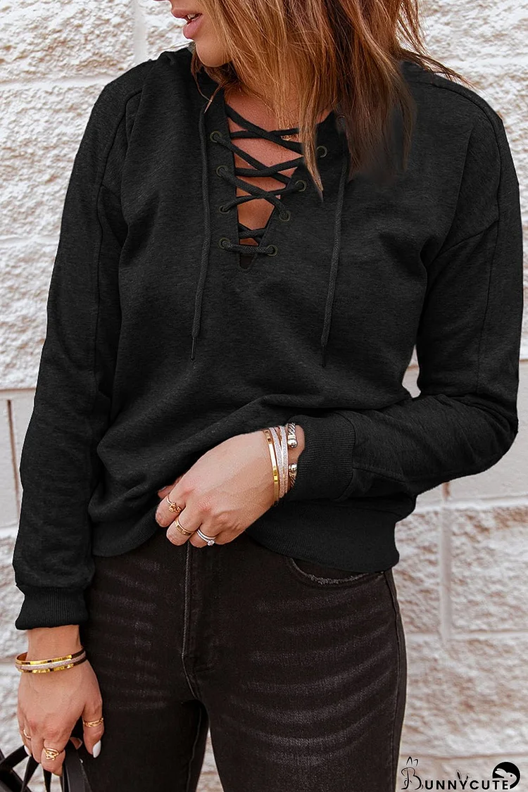 Stylish Black Lace-up Hooded Sweatshirt