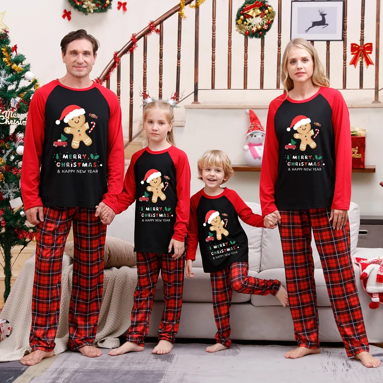 Merry Christmas & Happy New Year Cookie Print Red Plaids Gingerbread Family Matching Pajamas