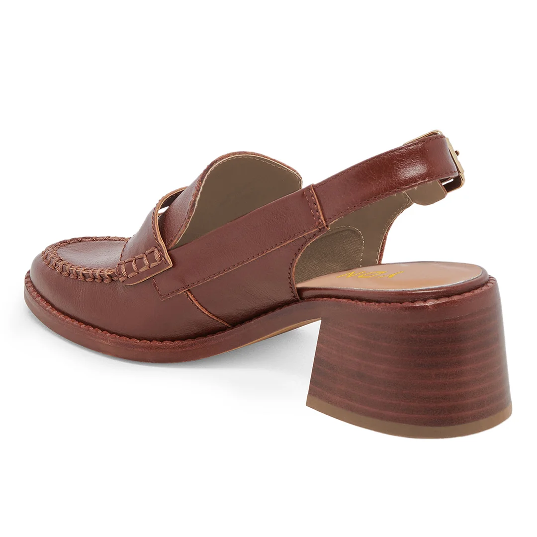 Women's Brown Vegan Leather Round Toe Stitched Slingback Loafers 