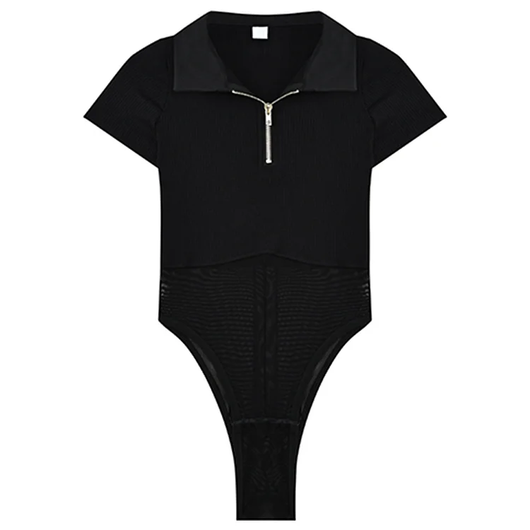 Mesh Zipper Lapel Top Sexy Bodysuit - Modakawa Modakawa