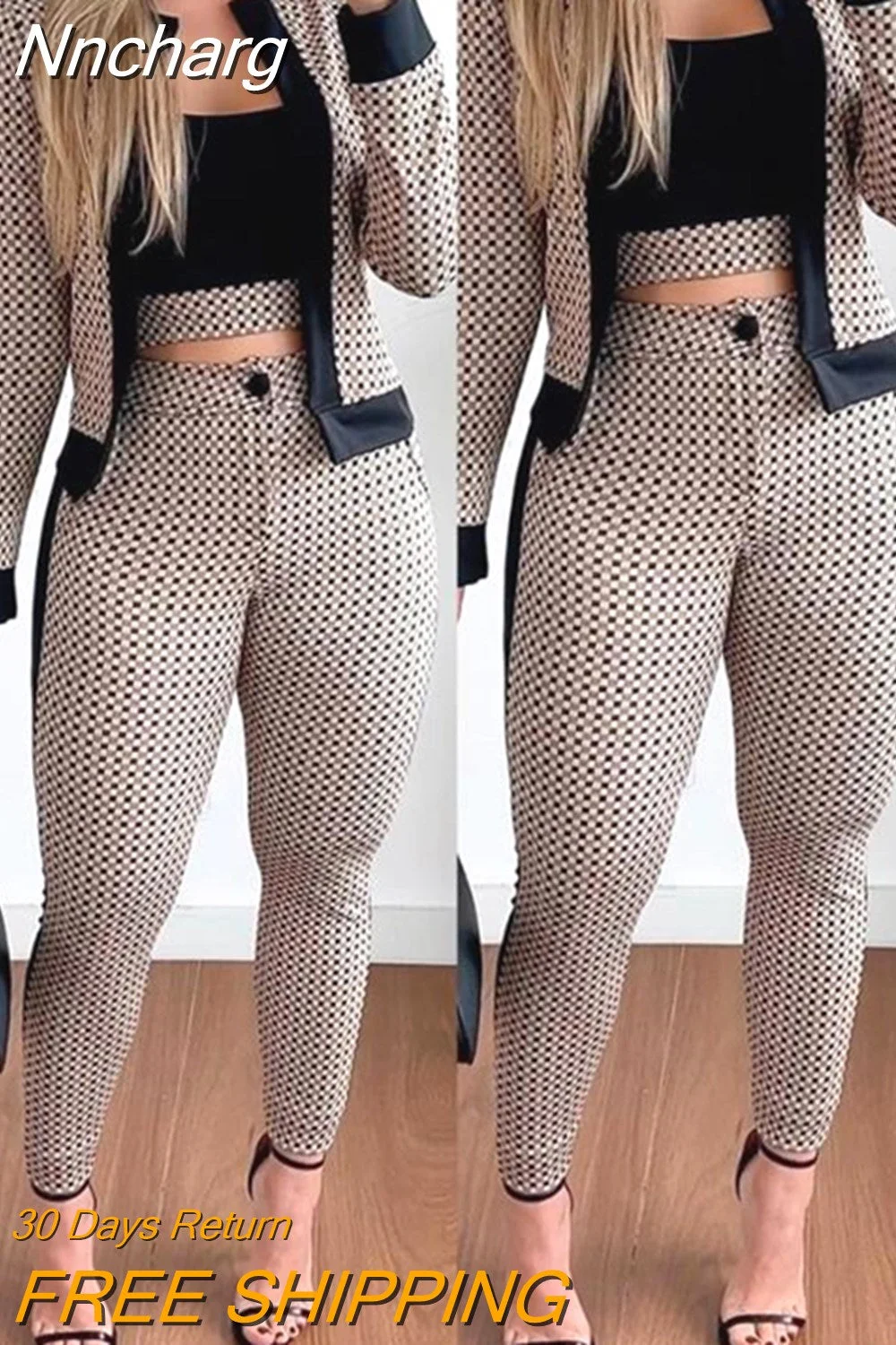 Nncharge Piece Set Women Outfit Spring Fashion Plaid Print Contrast Paneled Open Front Long Sleeve Coat & Elegant Skinny Pants Set