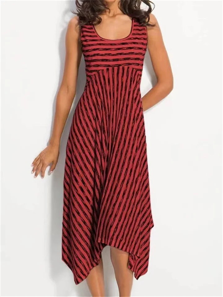 Fashion Slim Temperament Striped Big Swing Dress Summer Women's Large Irregular Dress Red White Yellow Blue
