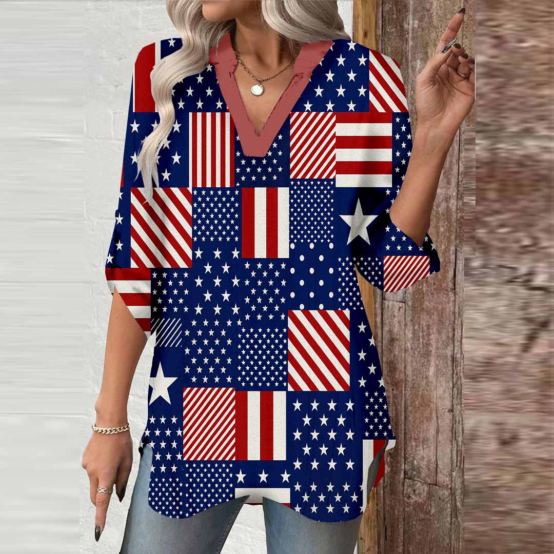 Women  Independence Day, Star, Striped, Blue, Red DZGA0228 3/4 Sleeve V-neck Printed Graphic Button Tops