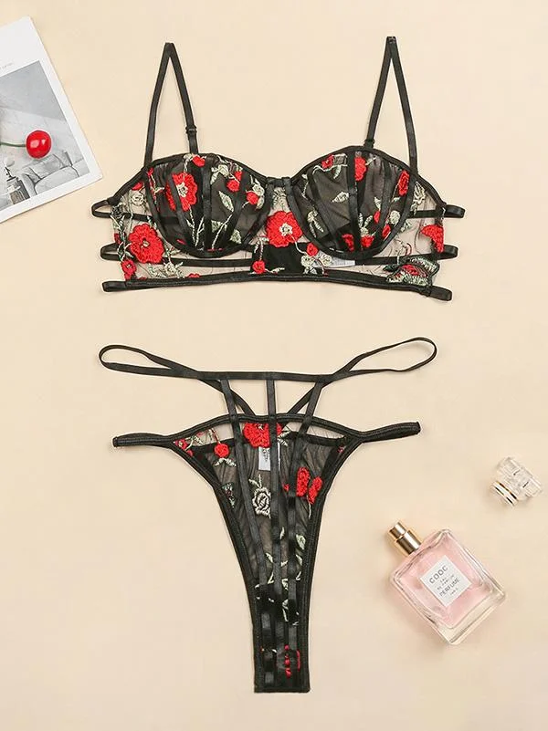 Embroidered See-Through Split Lingerie