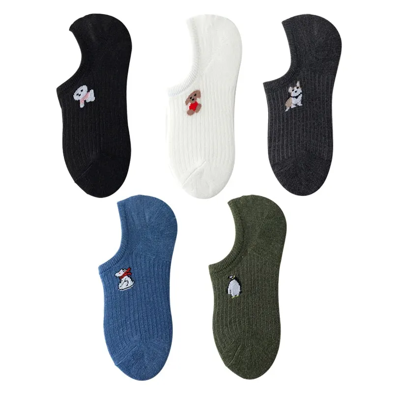 5 Pairs Kawaii Animal Print Women Socks Set Invisible Happy Fashion Ankle Funny Socks Set Girl Cotton Summer Slicone Non-slip