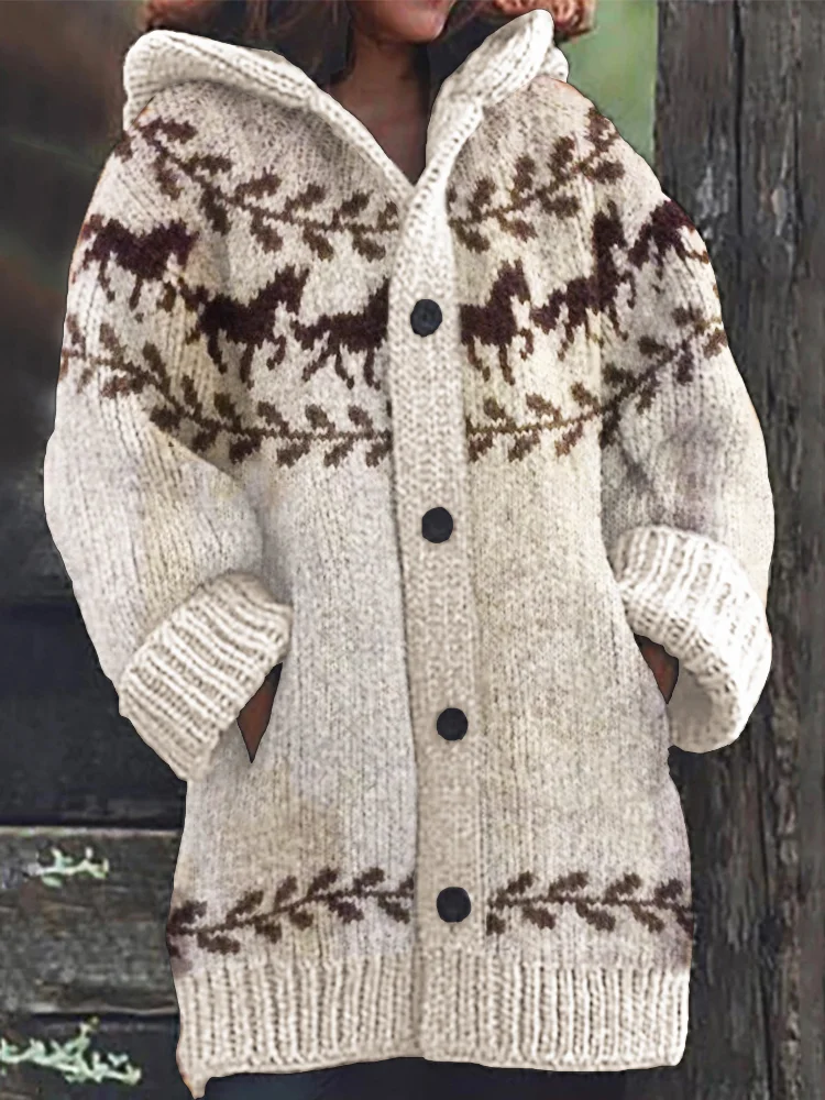 Vintage Running Horses Yoke Cozy Knit Hooded Cardigan