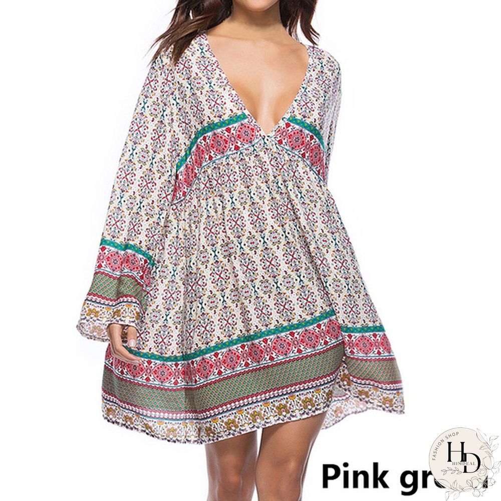 Women Boho Mini Dress Floral Printed Long Sleeve Deep V-Neck Loose Party Beach Short Dress