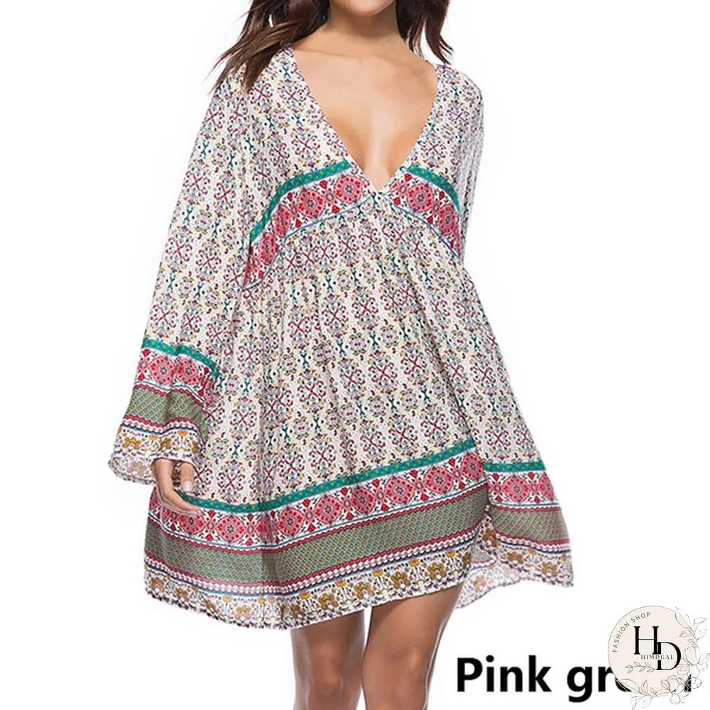 Women Boho Mini Dress Floral Printed Long Sleeve Deep V-Neck Loose Party Beach Short Dress