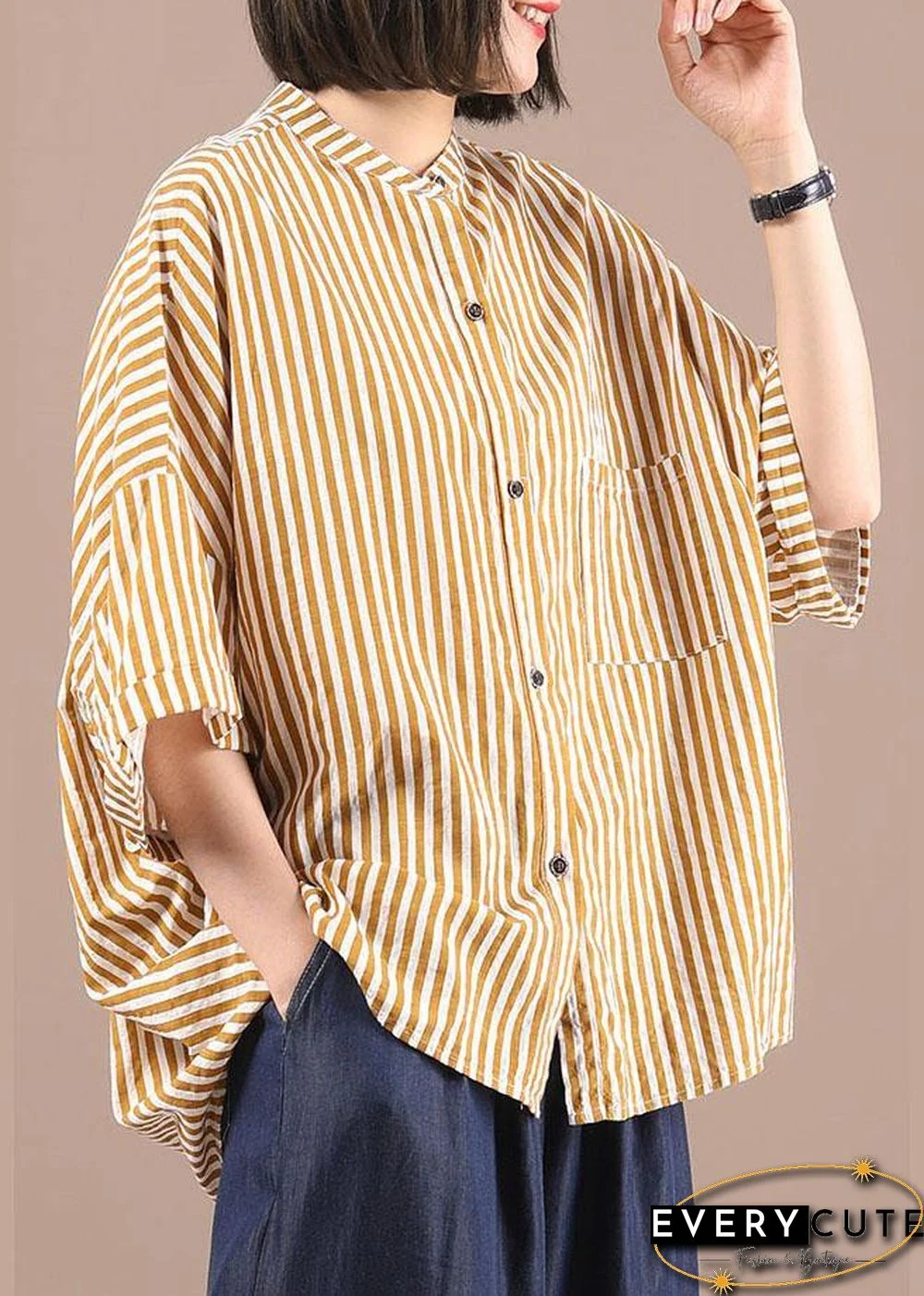 Stylish Yellow Striped low high design Half Sleeve Cotton Shirt Top Summer