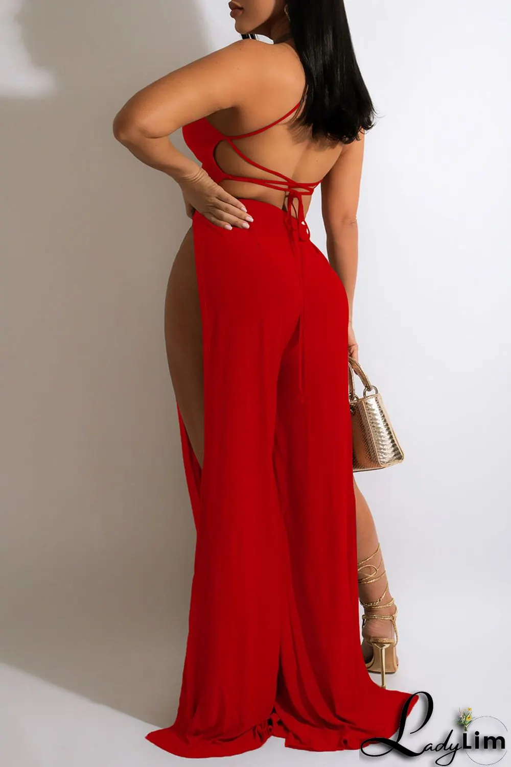 Water Blue Sexy Solid Patchwork Slit Halter Straight Jumpsuits