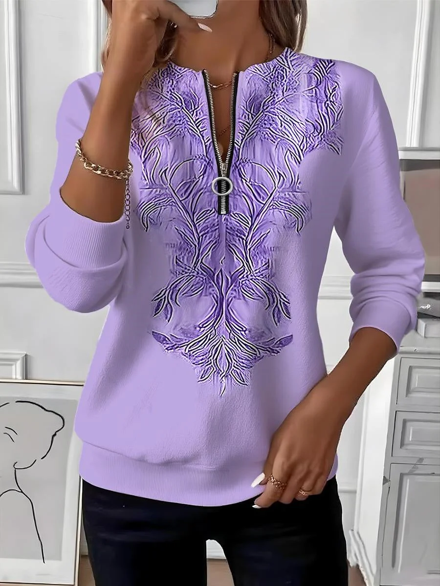 Women Long Sleeve Scoop Neck Floral Printed Graphic Zipper Tops