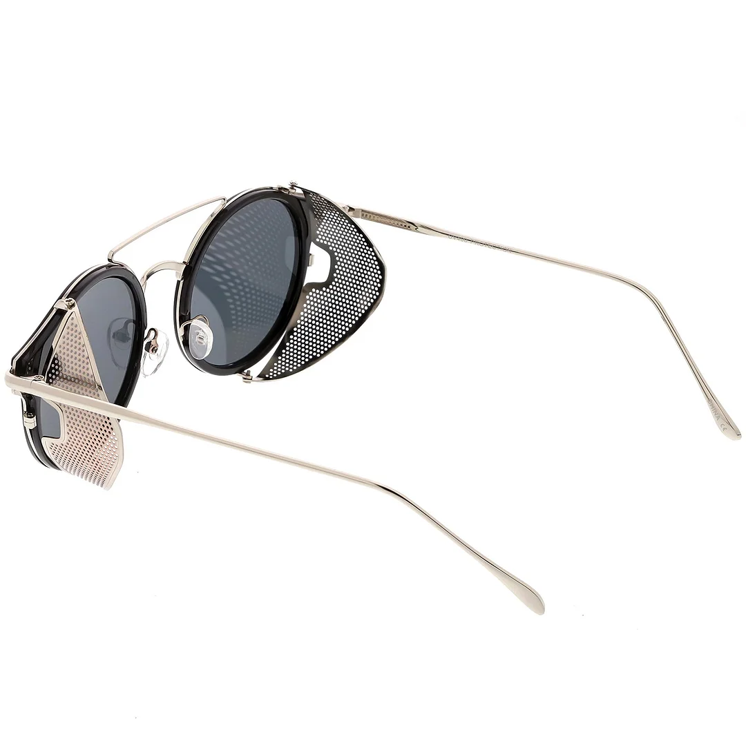 Steampunk Round Horn Rimmed glasses Double Crossbar Fold In Side Covers Flat Lens 54mm