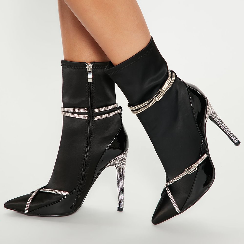 Black Pointed Toe Satin Boots Rhinestone Strap Stiletto Heel Boots Nicepairs