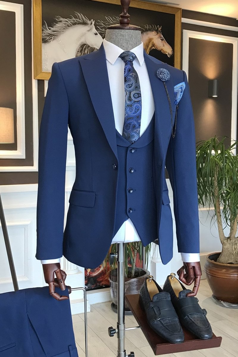 Peaked Lapel Formal Dark Blue Three Pieces Business Men Suits | Ballbellas Ballbellas