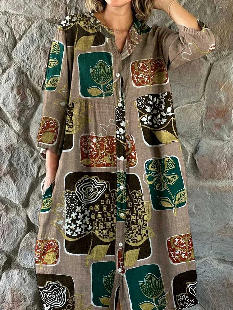 Women's Abstract Art Elegant Simple Shirt Style Cotton And Linen Dress