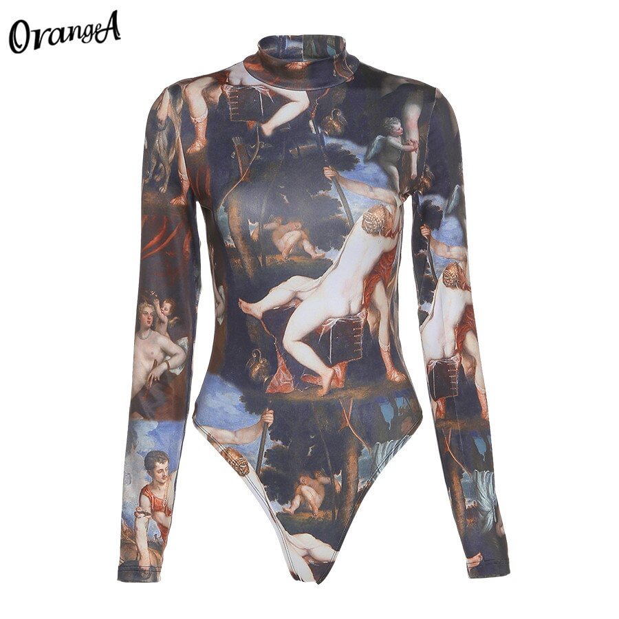 OrangeA Sexy Women Long Sleeve Bodysuit Rave Bodycon Skinny Fitness Sporty Active Wear Design Graphic Streetwear Casual Outfits