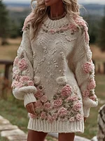 Women's Rose Art Cozy Knit Mini Sweater Dress