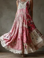 Vintage Boho Floral Pattern Lace Patchwork Linen Maxi Tank Dress