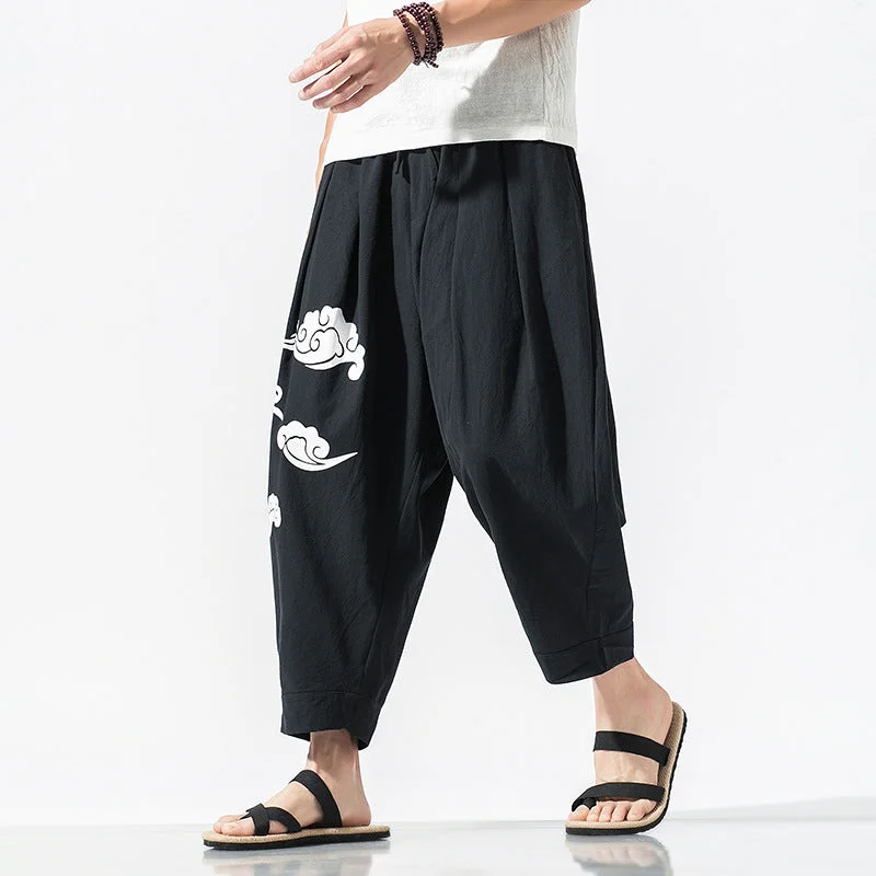 Aonga Cotton Linen Print Loose Ninth Pants