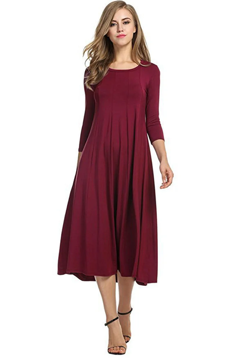 Uveng Women Round Neck Shirt Half Sleeve Solid Long Skirt Color Wide Hem Dress