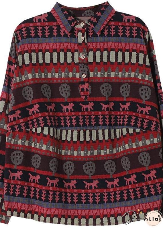 Women Red Ethnic Style Top Silhouette Lapel Loose Spring Shirt