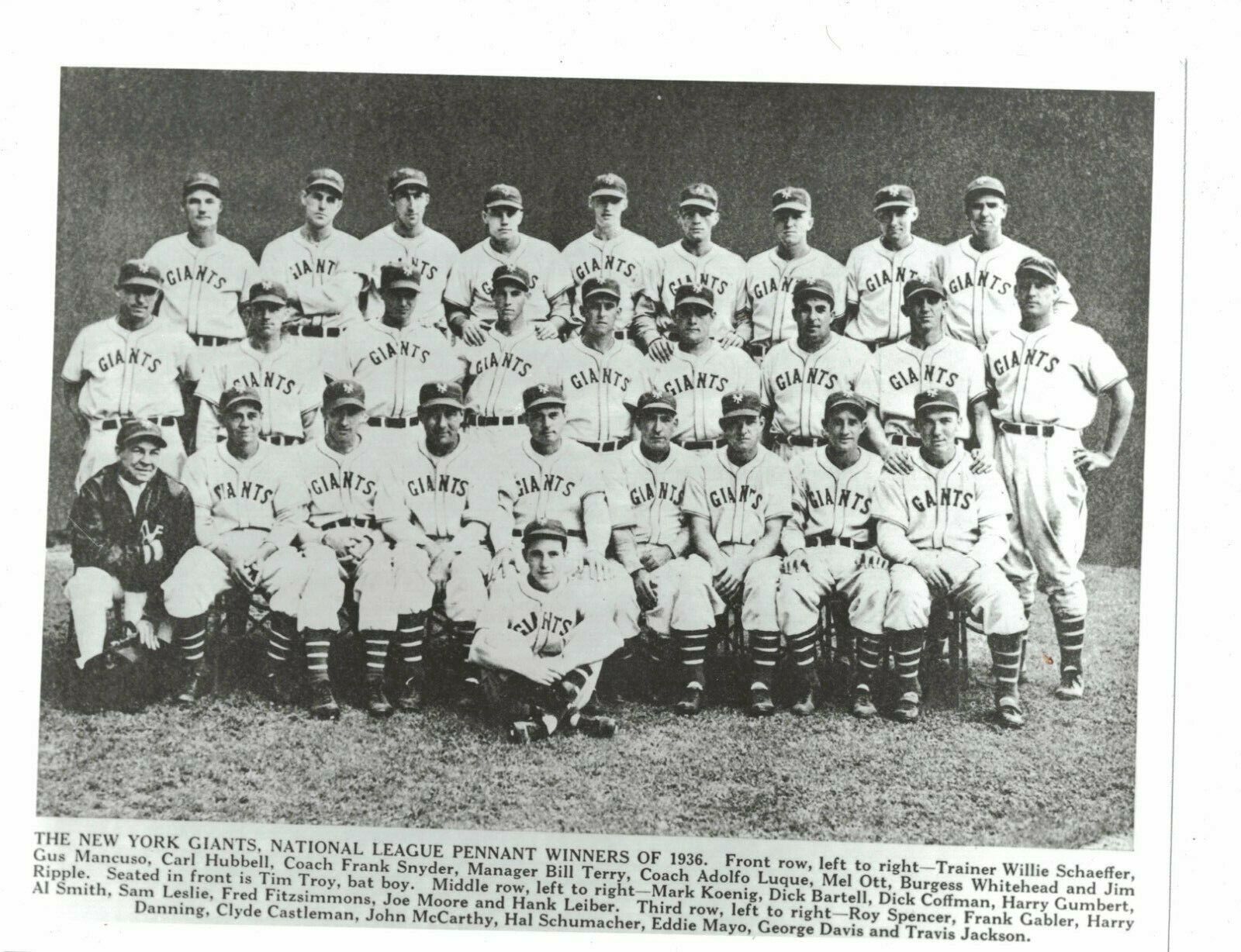 New York Giants NL Champs 1936 8x10 Team Baseball Photo Poster painting Carl Hubbell Mel Ott