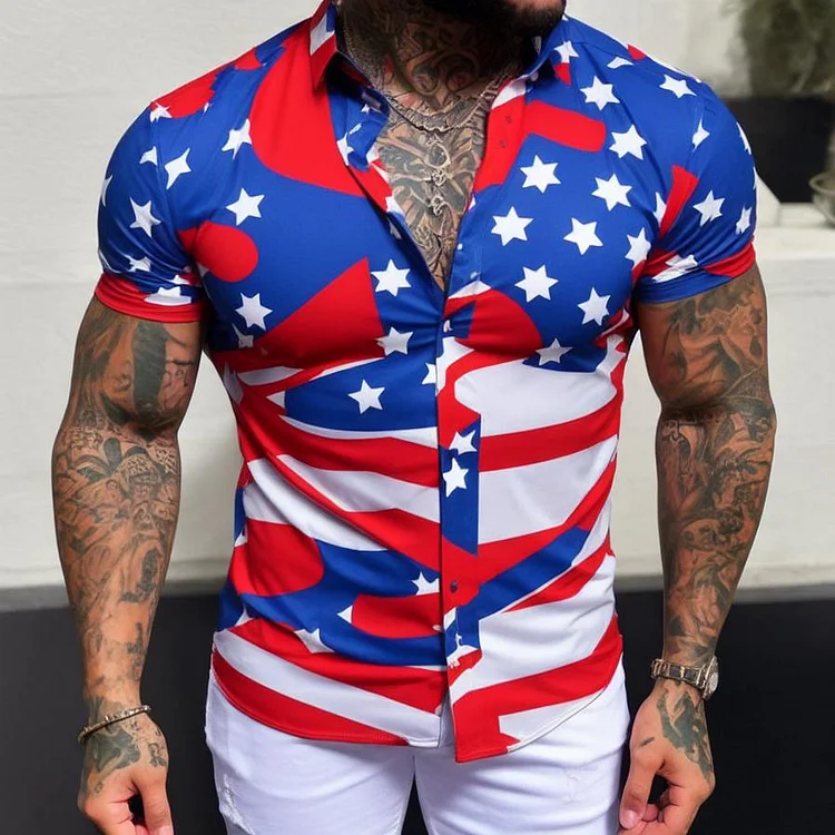 Men's Vacation Beach Flag Printed Short Sleeve Shirt at Hiphopee