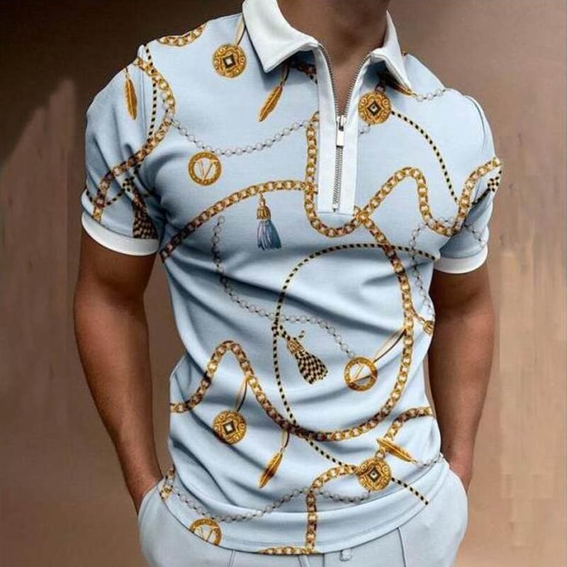 Chains Print Casual Tops Short Sleeve Zipper Men's Polo Shirts-VESSFUL