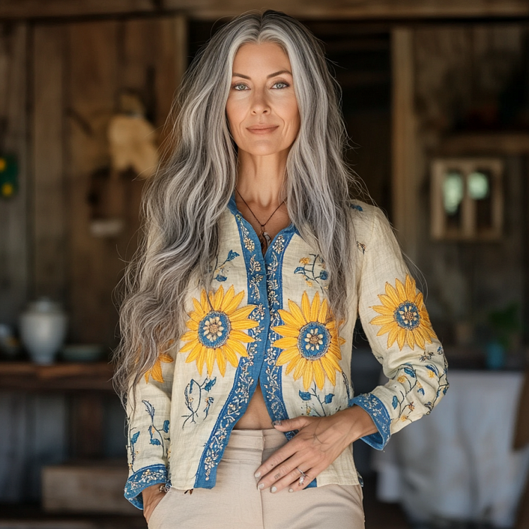 Bohemian Linen Floral Ukraine Sunflower Gradient Art Print  Long Sleeve Shirt