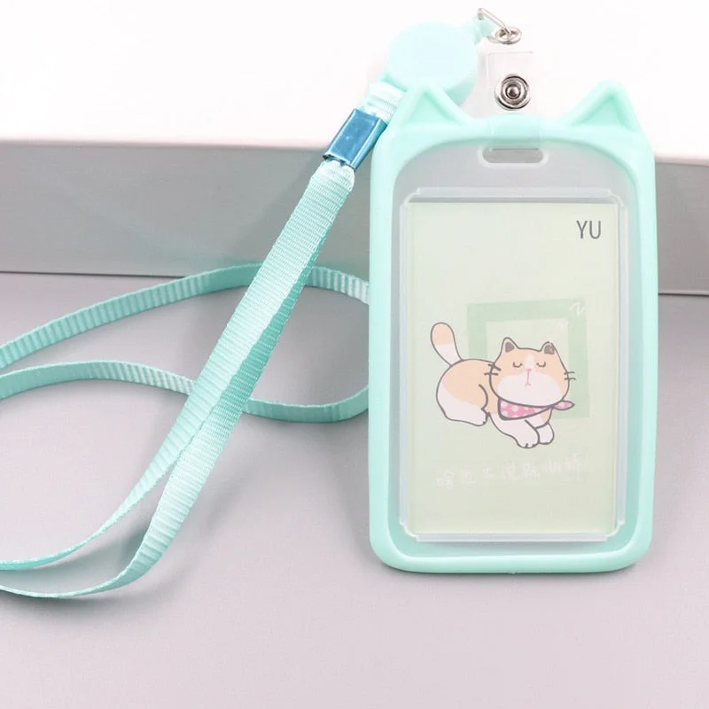 1PC Cute Cartoon Cat Card Holder Bank Identity Bus ID Card Holder Case with Retractable Reel Lanyard Credit Cover Case Kids Gift