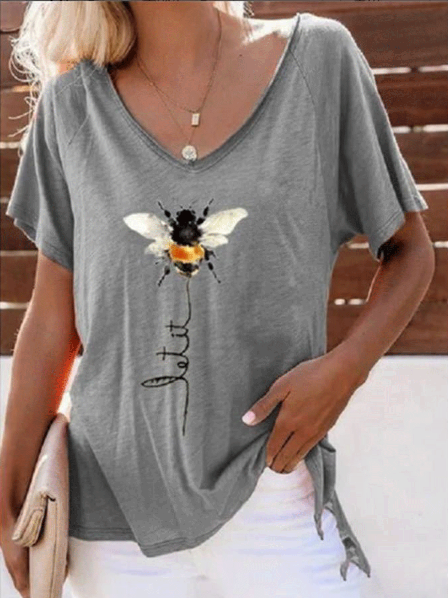 V-neck Short Sleeve Loose Bee Print T-shirt